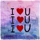 The SUZI ROHER “I Love U” features “I ♥ U” text art repeated three times with red heart symbols on a purple and blue textured background, evoking the elegance of an Italian scarf.