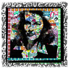 The Perfect Happiness scarf by SUZI ROHER features a vibrant collage portrait with colorful words like “beauty,” “love,” and “hope,” framed by a black-and-white patterned border with repeated text.