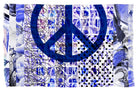 Kim - Peace Of Cake by SUZI ROHER features a blue peace symbol over an abstract, textured background of purple, blue, and white with grid lines, scribbles, polka dots, and floral elements.