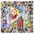 A vibrant collage titled "Marlene Dietrich" by SUZI ROHER features a large vintage Shanghai Express poster with Dietrich at the center, surrounded by numerous classic film posters in both color and black-and-white.
