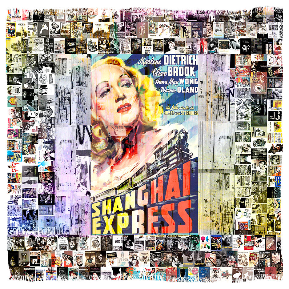 A vibrant collage titled "Marlene Dietrich" by SUZI ROHER features a large vintage Shanghai Express poster with Dietrich at the center, surrounded by numerous classic film posters in both color and black-and-white.