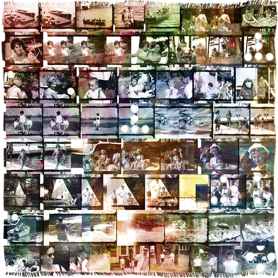 A collage of vintage, faded film photos depicts people relaxing by lakes, boating, and picnicking near a charming cottage. Some images have light spots and color distortions. Product: The Cottage by SUZI ROHER.