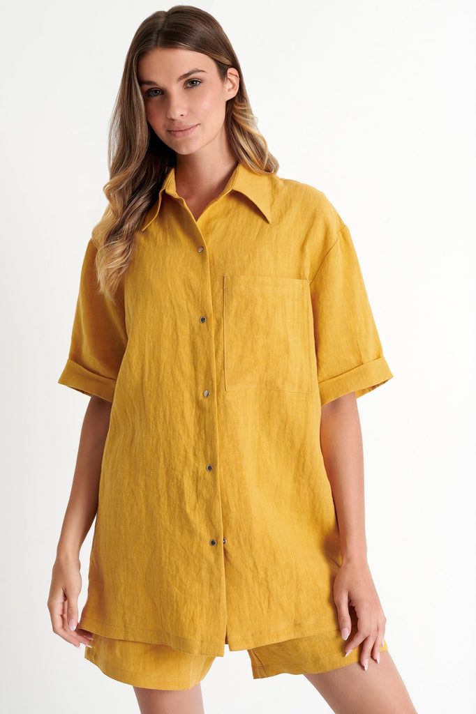 42286-82-110 - Linen Short Sleeve Top 02 / 110 Mustard